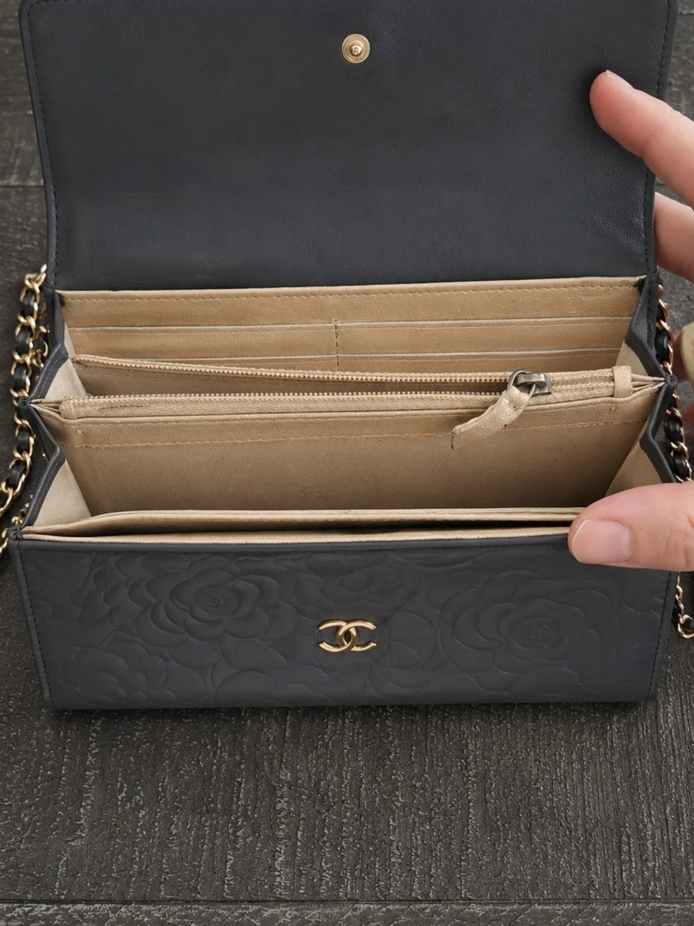 Chanel Quilted Camellia Leather Chain Wallet - Gray